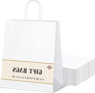 Witte papieren zakken Kraft geschenkzakje - 50 stuks - feesttas met handgrepen - 20 x 105 cm - feestgunst - Thanksgiving - Kerstmis - bruiloft - verjaardag - wit.