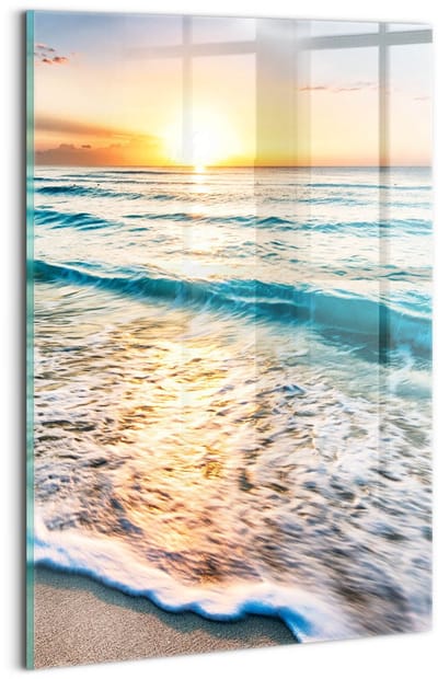 Wallfluent Glasschilderij - Strand, zee, zand Foto In Glas - 20x30 cm - Veelkleurig Verticale Muurschildering - Landschap Schilderij Glas - Foto Schilderij Op Glas - Glazen Schilderij