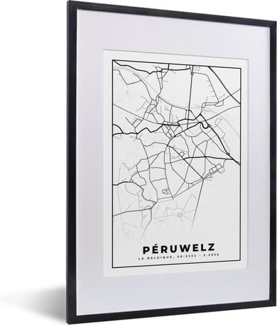 Fotolijst incl. Poster Zwart Wit- Plattegrond – Péruwelz – Zwart Wit – Stadskaart - Kaart - België - 30x40 cm - Posterlijst