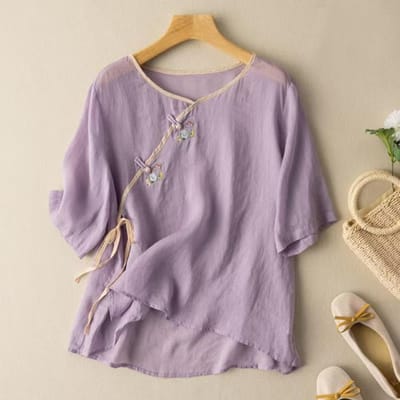 Etnische Stijl Schuine Sluiting Knoop Geborduurd Kortemouw Katoen Linnen Top voor Dames In Zomer Nieuwe Grote Maat Los Shirt voor Dames 4XL paars
