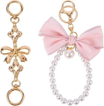 Elegante Tasverlengingsketting voor Dames met Parels, Strik en Metalen Accessoire voor Handtassen en Portemonnees
