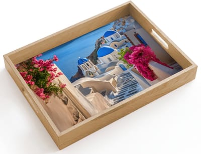 Dienblad hout 40x30 cm - Schootdienblad - Santorini - Bloemen - Griekenland - Borrelplank rechthoek - Plateau dienbladen