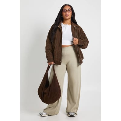 boohoo Dames Plus Wijde Pijp Ribgebreide Broek | Taupe | Maat: 50