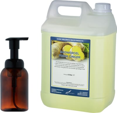 Zeepdispenser 300 ml amber bruin hervulbaar + 5 liter Showergel Fresh Ginger navulling