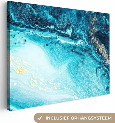Canvas schilderij 40x30 cm - Wanddecoratie Marmerlook - Blauw - Goud - Luxe - Glitter - Marmer - Muurdecoratie woonkamer - Slaapkamer decoratie - Kamer accessoires - Schilderijen op canvas