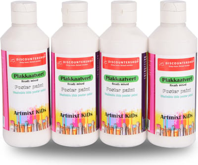 Plakkaatverf 4-Delige Hobbyverf Set van Witte Plakkaatverf (250 ml per Fles) | Perfect voor Schilderen en Knutselen | Kindvriendelijk op Waterbasis