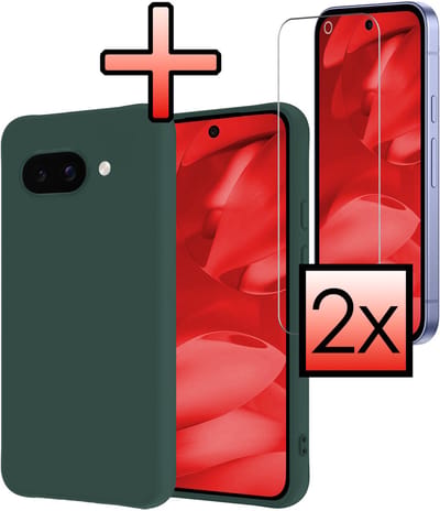 Hoesje - Met 2x Screenprotector - Geschikt voor Google Pixel 9a - Sterk & Shockproof - Back Cover - Siliconen Case - Telefoon Hoes - Donkergroen