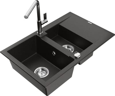 Mexen Gaspar granieten spoelbak 1,5-kamer met afdruiprek en keukenmengkraan Flora, zwart/gouden metallic - 6507-75-670401-00