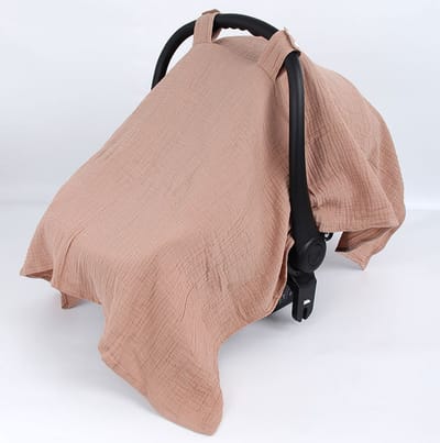 Autostoelhoes voor baby's - Zachte, ademende katoenen mousseline - 85*100 cm - Lichtgewicht luifel voor bescherming tegen zon, insecten en comfort - Past op de meeste kinderwagens en autostoeltjes voor baby's - bruin