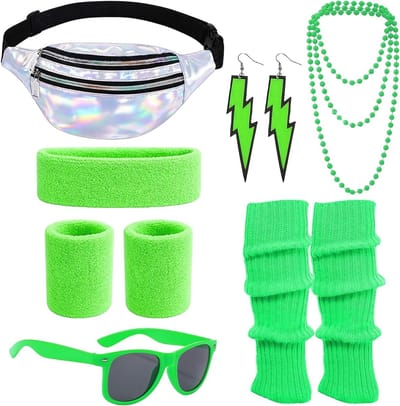 Retro 80s dames outfit met kostuum accessoires zoals hoofdband, beenwarmers, oorbellen en riemtas voor carnaval en themafeesten