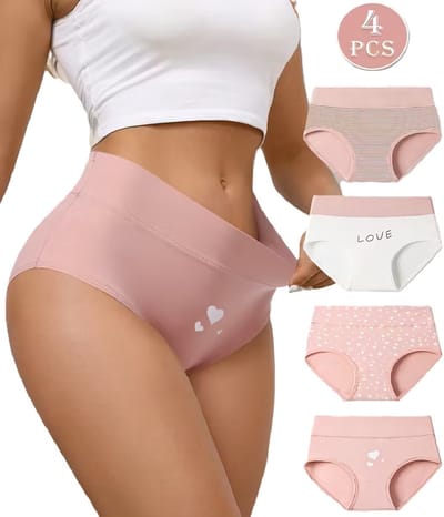 Set van 4x Dames Onderbroeken – High-Waist Slips – Roze & Wit met Hartjes – Comfortabel, Ademend & Zacht Katoen – Maat M