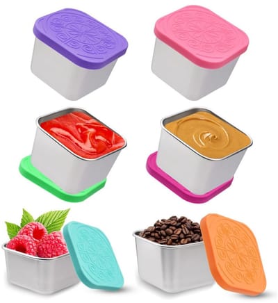 Dailygoods- Sausbakjes herbruikbaar - 6 stuks - roestvrij staal - lekvrije siliconen deksels - 60ml/180ml - ruimtebesparend ontwerp - Sauzencontainers