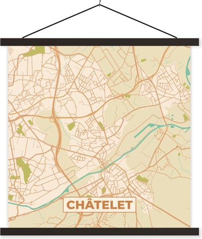 Posterhanger incl. Poster 60x60 cm - Schoolplaat - Plattegrond - Kaart - België - Châtelet - Stadskaart - Textielposter - Zwarte latten - Stadskaart