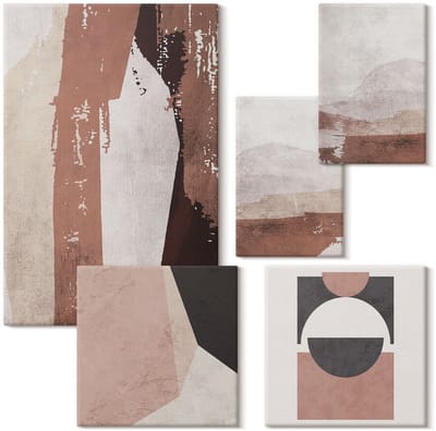 Wallfluent Set van canvas schilderijen - Abstracte composities in aardse tinten en geometrische vormen Canvas Schilderijen Set - Set van 5 Canvas Schilderijen - Bruin Set van Canvas Prints - Abstractie Canvas Kunst Set - Boheemse Canvas Kunst Set