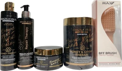 BraziliCious Honey & Caviar 1kg & Brazilicious Honey Shampoo & Conditioner & masker 3x250ml & MAX PRO BFF BRUSH