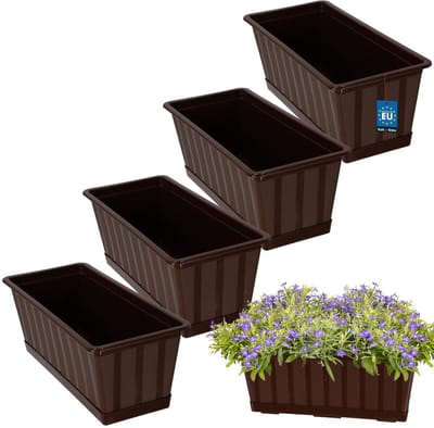 KOTARBAU® 4 st Balkonbak, Bloembak voor Balkon, Kunststof, 40 x 18 x 14 cm, Plantenbak, Bruin, Plantenbak Balkon, met Schotel, Rechthoekig
