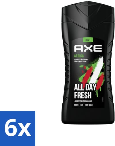 6 x Axe - 3-in-1 Douchegel - Africa - Squeezed Mandarin & Sandalwood - 12hrs Long Lasting Scent - 250 ml - Douchegel - Axe - 3-in-1 - Mandarijn - Sandelhout