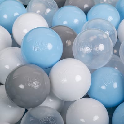 KiddyMoon Ballenbak ballen voor Kinderen Ø7 cm met 700 Stuks - Kinderballen baby - Speelballen voor Ballenbad - BPA-vrij - Ballenbak ballen - Kleurrijke ballen - Baby Speelgoed - Grijs Wit Transparant Babyblauw