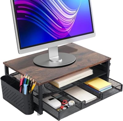 Ergonomische Monitorhouder voor Bureau met 2 Pennenhouders en Laden, Desk Organizer voor Laptop en Kantooraccessoires