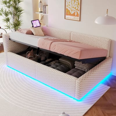 PHOEBE CAT Gestoffeerd bed - 90 x 200 cm - LED-verlichting - USB/Type-C - Opbergruimte - Velvet - Beige