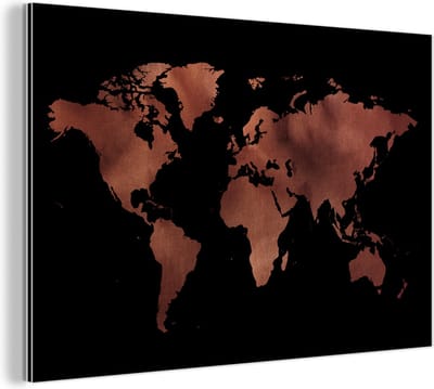 Aluminium schilderij 150x100 cm - Wanddecoratie metaal - Wereldkaart - Zwart - Rood - Metalen muurdecoratie woonkamer - Decoratie industrieel - Foto op dibond - Industriële accessoires slaapkamer