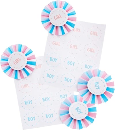 Chaks Baby Gender Reveal 24x stickers en 12x badges - roze/blauw - Team Boy or Girl - baby party