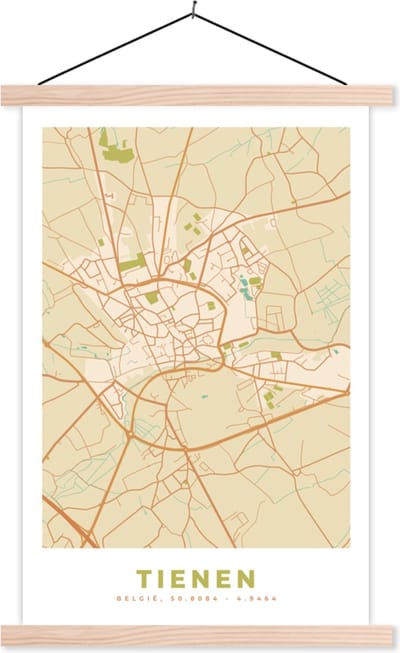 Posterhanger incl. Poster 40x60 cm - Schoolplaat - Stadskaart - Tienen - Plattegrond - Kaart - Vintage - Textielposter - Blanke latten - Stadskaart