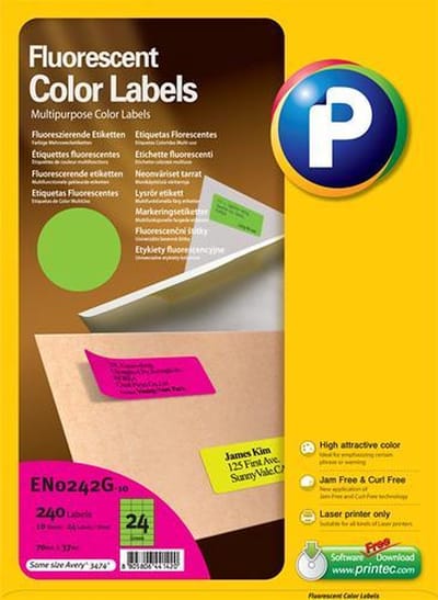 Printec Fluoriscerend Neon Groen Etiketten - 10 Vel - 70x37mm - 24 Labels Per A4 - 240 Stickers