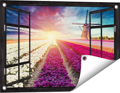 Gards Tuinposter Doorkijk Kleurrijke Tulpen Bloemenveld - Windmolen - 60x40 cm - Tuindoek - Tuindecoratie - Wanddecoratie buiten - Tuinschilderij