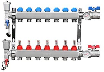 Vloerverwarming verwarming distributeur roestvrij staal met doorstroomindicator en ontluchter voor 7 circuits