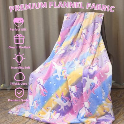 Dailygoods - Knuffeldeken voor kinderen, roze eenhoorn-deken, licht op in het donker, super zachte en warme pluizige deken voor meisjes, bed en bank (eenhoorn-03, 150 x 200 cm)