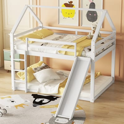Wishdor Huisbed Stapelbed 140x200 cm - Glijbaan en Trap - Omkeerbare Opstelling - Massief Grenenhout en MDF - Wit