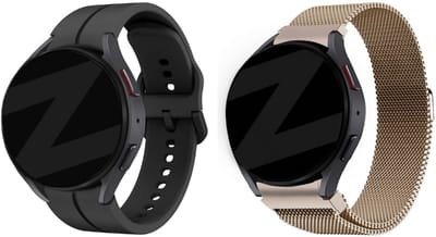 Bandz Bundel – siliconen sportbandje (zwart) + Milanese loop bandje (champagne goud) – geschikt voor Samsung Galaxy Watch 7 / 6 / 5 / 4 / Watch FE (40mm & 44mm / Classic / Pro)
