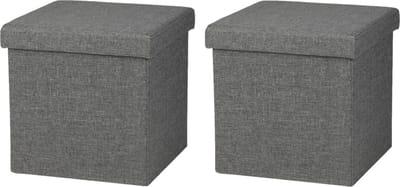 Urban Living Poef/hocker - 2x - opbergbox zit krukje - donkergrijs - linnen/mdf - 37 x 37 cm - opvouwbaar