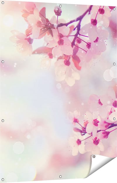Gards Tuinposter Roze Bloesemboom met Zonneschijn - 90x120 cm - Tuindoek - Tuindecoratie - Wanddecoratie buiten - Tuinschilderij