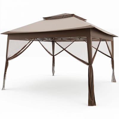 COSTWAY paviljoen van 3,3 x 3,3 m, tuinpaviljoen met dubbel dak, 4 zijwanden, in hoogte verstelbaar opvouwbaar paviljoen inclusief transporttas met wieltjes voor in de tuin, barbecue-avonden en feestjes, kaki