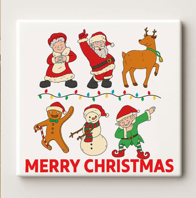 “Merry Christmas” Feestelijke Kersttegel – 15x15cm Keramische Muurdecoratie, Leuk Kerstontwerp met Kerstman & Elfen, Perfect Cadeau of Woondecoratie