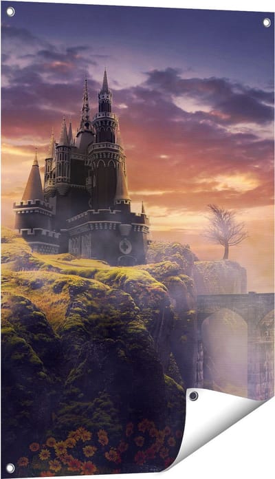Gards Tuinposter Oud Kasteel op een Heuvel - 60x90 cm - Tuindoek - Tuindecoratie - Wanddecoratie buiten - Tuinschilderij