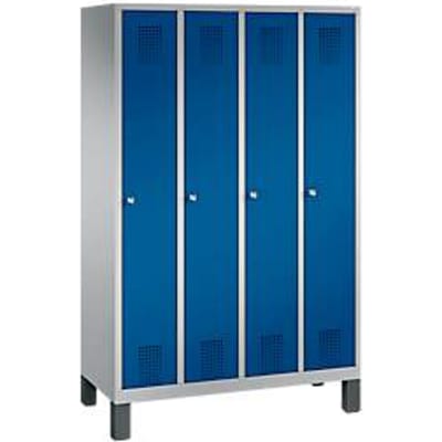 Kapstok Evolo S 3000, staal, met poten, 4 compartimenten met allebei B 300 mm, cilinderslot, blank aluminium RAL 9006/gentiaanblauw RAL 5010