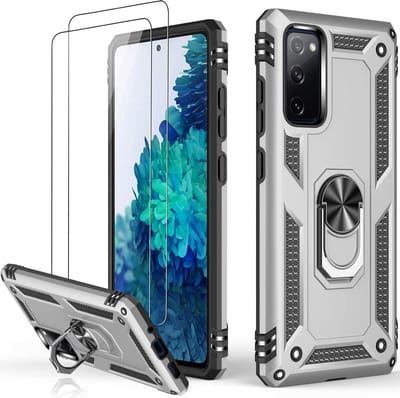 HB Hoesje Geschikt voor Samsung Galaxy S20 FE Grijs - Anti-Shock Hybrid Armor Back Cover - Hoes met Kickstand Ring & 2X Glazen Screenprotector
