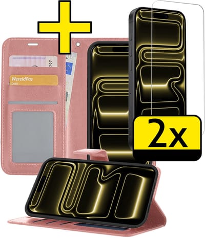 Hoesje - Met 2x Screenprotector - Geschikt voor Apple iPhone 17 Pro - Luxe Pasjeshouder - Bookcase Portemonee - Flip Case - Kunstleer Book Case - Flipcase Hoes - Book Cover - Walletcase - Portemonneehoes - Telefoonhoesjes - Rosé goud