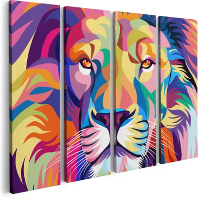 Artaza Canvas Schilderij Vierluik Gekleurde Leeuw - Leeuwenkop - Abstract - 80x60 - Foto Op Canvas - Canvas Print