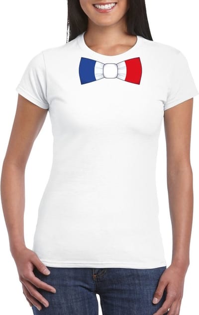 Wit t-shirt met Franse vlag strikje dames - Frankrijk supporter S
