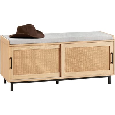 SoBuy Schoenenbank met Zitkussen en 2 Schuifdeuren – Opbergbank voor de Gang – Schoenenrek, Houten Look, 110x40x49 cm, FSR154-N
