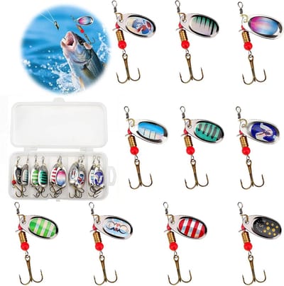 Spinner Visaas, 11 stuks, drievoudige haken van metaal, met veelkleurig kunstaas, met opbergdoos, draagbare visaasset voor forel, bar, snoekbaars, zalm, snoek