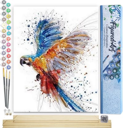 Figured'Art Schilderen op Nummer Volwassenen canvas Papegaai in volle vlucht - Handwerk acrylverf Kit DIY Compleet - 40x50cm met DIY houten lijst