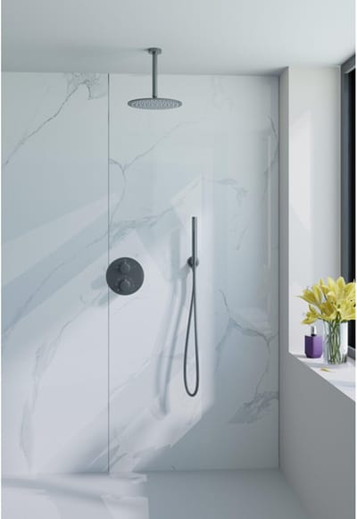 FugaFlow Eccelente Acces Inbouw Regendoucheset - rond - thermostatisch - plafondarm - 25cm hoofddouche - staaf handdouche - metalen doucheslang - Geborsteld Gunmetal PVD
