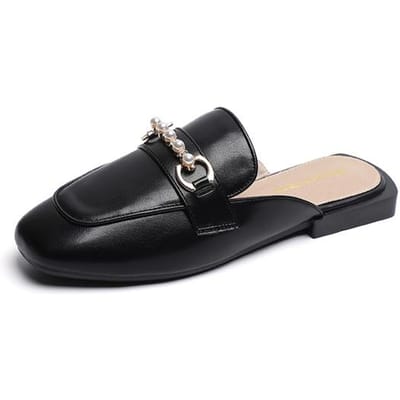 Lente Dames Nieuwe Slippers Platte Vierkante Muilezel Buiten Casual Schoenen Koreaanse Stijl Stijlvol Metalen Design Banket En Kantoorkleding 42