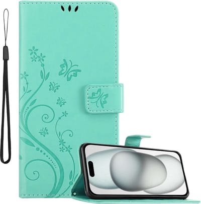Cadorabo Hoesje geschikt voor Apple iPhone 15 in BLOEMEN TURKOOIS - Beschermhoes in bloemmotief met magnetische sluiting, standfunctie en kaartsleuven Book Case Cover Etui