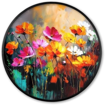 Poster in lijst Rond - Fotolijst 60x60 cm - Posters - Felgekleurd - Bloemblaadjes - Abstract - Ronde posterlijst zwart - Decoratie - Wanddecoratie woonkamer - Muurdecoratie slaapkamer